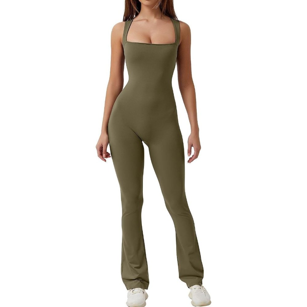 Women Army Green Strappy Square Neck Full Length Long Pants Flare Jumpsuits